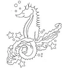 Coloriage Hippocampe enroulé parmi corail et étoiles de mer