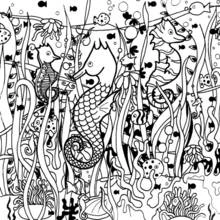 Coloriage Hippocampe entouré de sa famille et de poissons