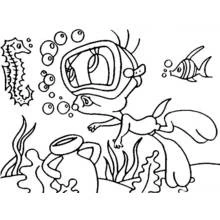 Coloriage Hippocampe et plongeur explorant les fonds marins