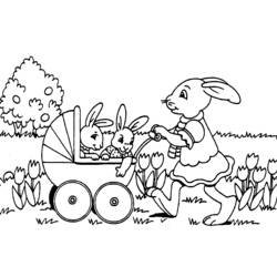 Coloriage Lapin poussant une poussette avec des bébés lapins