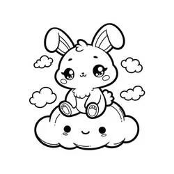 Coloriage Lapin Kawaii assis sur un nuage souriant
