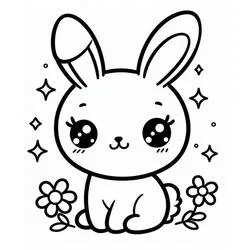 Coloriage Lapin Kawaii assis parmi les fleurs