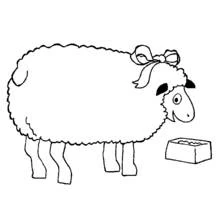 Coloriage Mouton avec un noeud près de sa mangeoire