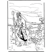 Coloriage Mouton suivant un berger dans la campagne