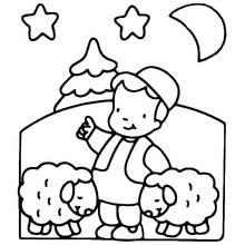 Coloriage Berger avec deux moutons sous la nuit étoilée