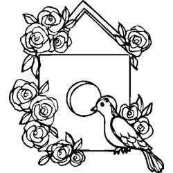 Coloriage Oiseau près d'une maison à oiseaux fleurie