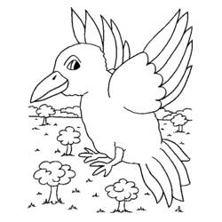 Coloriage Oiseau volant au-dessus d'une petite forêt