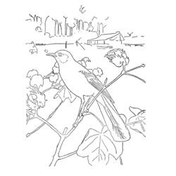 Coloriage Oiseau perché sur une branche feuillue près d'une ferme