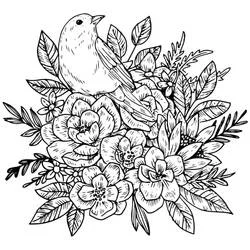 Coloriage Oiseau perché parmi les fleurs et feuilles