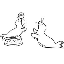 Coloriage Otarie jonglant avec une balle et otarie qui joue