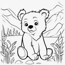 Coloriage Ourson assis devant les montagnes
