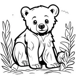 Coloriage Ourson assis parmi les plantes feuillues