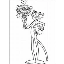 Coloriage Panthère rose tenant un bouquet de fleurs