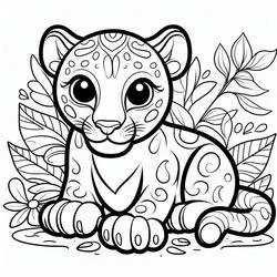 Coloriage Panthère cubs entourée de feuilles tropicales