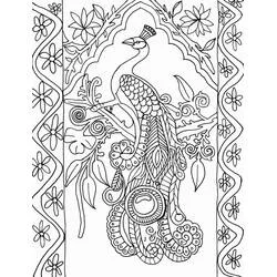 Coloriage Paon perché parmi un décor de feuillage