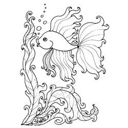 Coloriage Poisson Rouge nageant parmi les algues ondulantes