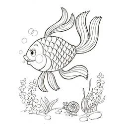 Coloriage Poisson rouge nageant avec un escargot et des plantes