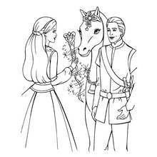 Coloriage Poney avec une princesse et un prince tenant une baguette magique