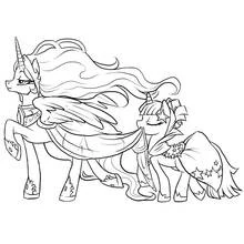 Coloriage Poney princesse avec jeune poney inclinant la tête