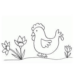 Coloriage Poule marchant parmi des fleurs