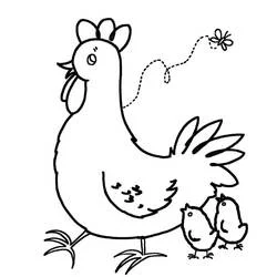 Coloriage Poule et poussins observant un papillon