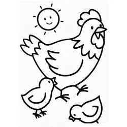 Coloriage Poule et Poussin avec un soleil souriant
