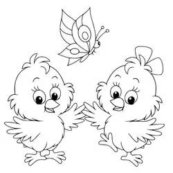 Coloriage Poule et Poussin jouant avec un papillon