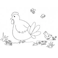 Coloriage Poule et Poussin dans l'herbe