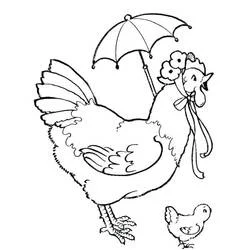 Coloriage Poule avec un chapeau et une ombrelle marchant près de son poussin