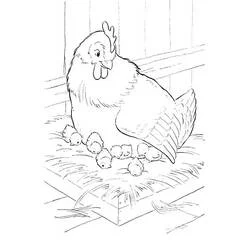 Coloriage Poule et Poussin réunis sur un nid de paille