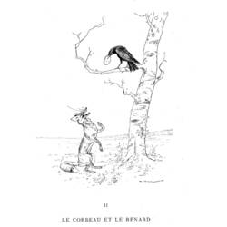 Coloriage Renard levant la tête vers un corbeau perché sur une branche