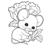 Coloriage Souris tenant une feuille devant une fleur
