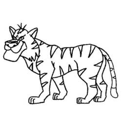 Coloriage Tigre rugissant, queue enroulée et rayures triangulaires Coloriage Tigre rugissant, queue enroulée et rayures triangulaires