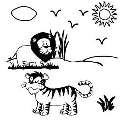 Coloriage Lion et tigre dans un paysage ensoleillé