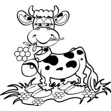 Coloriage Vache rigolote croquant une fleur dans un pré