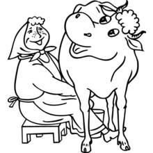 Coloriage Vache et fermière lors de la traite