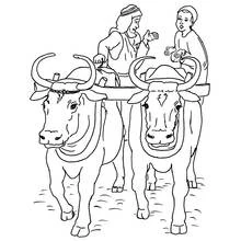 Coloriage Vache attelée à une charrette avec deux hommes