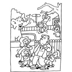 Coloriage Famille visitant le zoo avec un éléphant et des singes