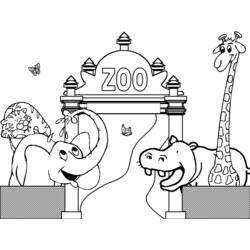 Coloriage Zoo avec lion, éléphant, hippopotame et girafe à l'entrée