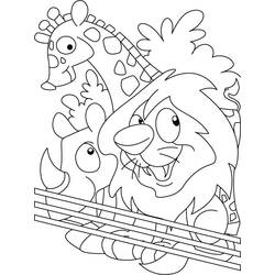 Coloriage Girafe, rhinocéros et lion derrière la clôture