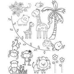 Coloriage Animaux du zoo avec girafes, singes et un lion