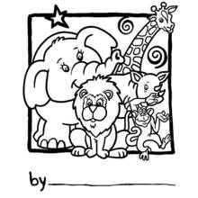 Coloriage Éléphant, lion, girafe et singe réunis