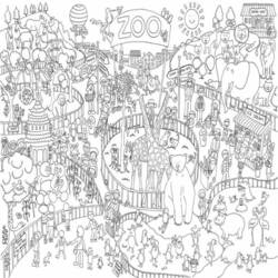 Coloriage Grande scène de zoo animée avec animaux et visiteurs