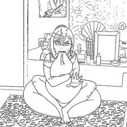 Coloriage Momo Ayase assise en tailleur serrant un coussin