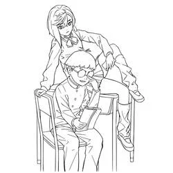 Coloriage Momo Ayase et Okarun assis sur des chaises