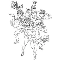 Coloriage Dandadan personnages en pose d'action
