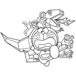 Coloriage Doraemon et le robot dinosaure avec ses amis