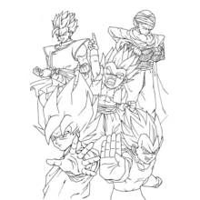 Coloriage Dragon Ball Z groupe de combattants en Super Saiyan