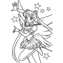 Coloriage Sailor Moon en pose avec des ailes et des étoiles