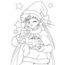 Coloriage Sailor Moon avec un bonnet de Noël et un cadeau